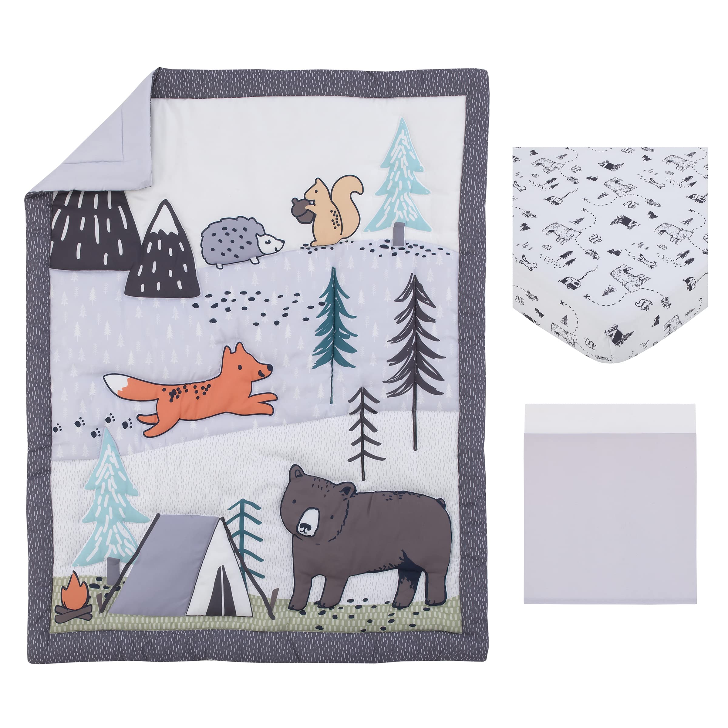 Carter's Woodland Friends Gray Multi Colored Bear and Fox, Squirrel, Tree, Tent, and Campfire 3 Piece Nursery Crib Bedding Set - Comforter, Fitted Crib Sheet, and Crib Skirt - Image 5