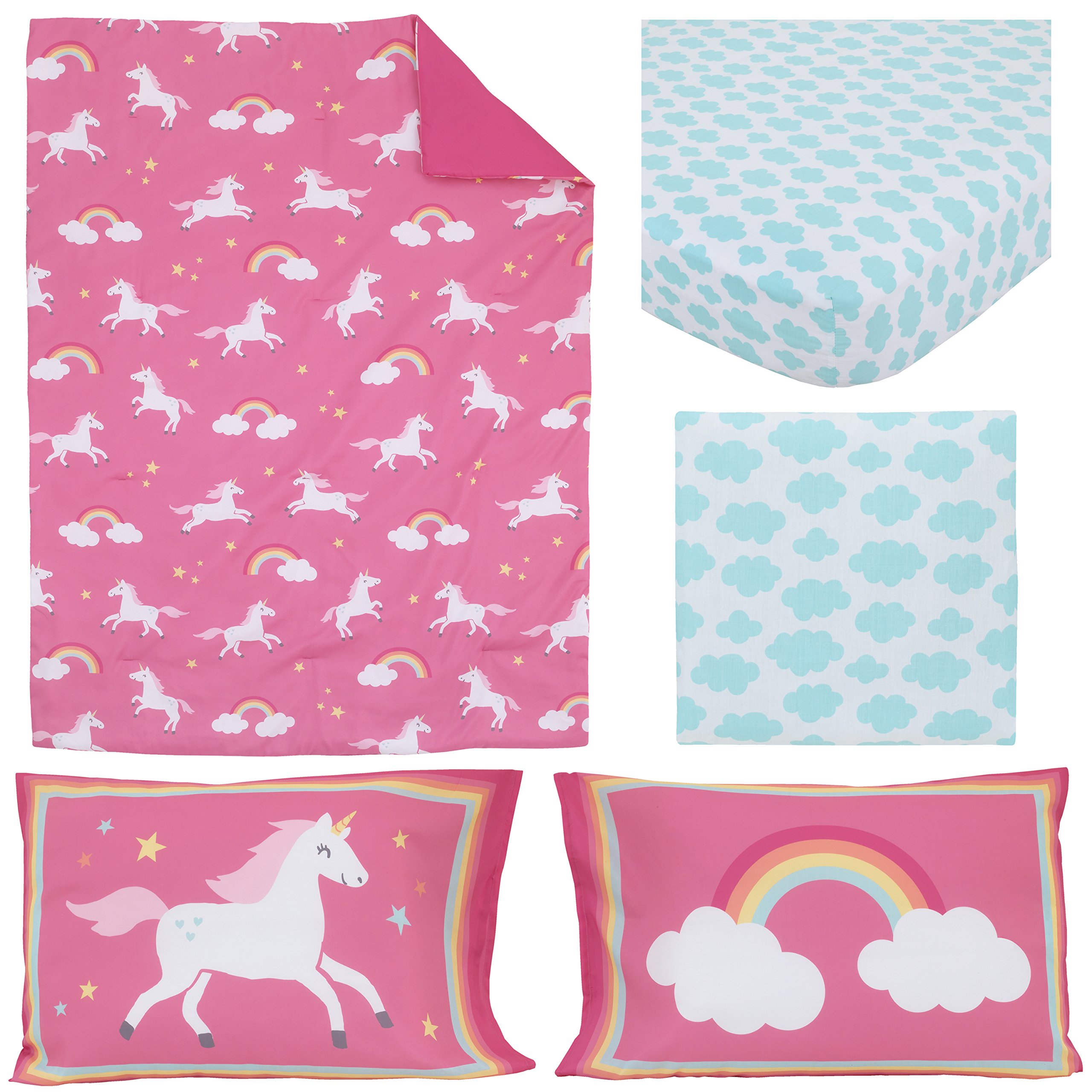 CARTERS Rainbow Unicorn 4 Piece Toddler Bedding Set, Pink, Aqua, White - Image 8