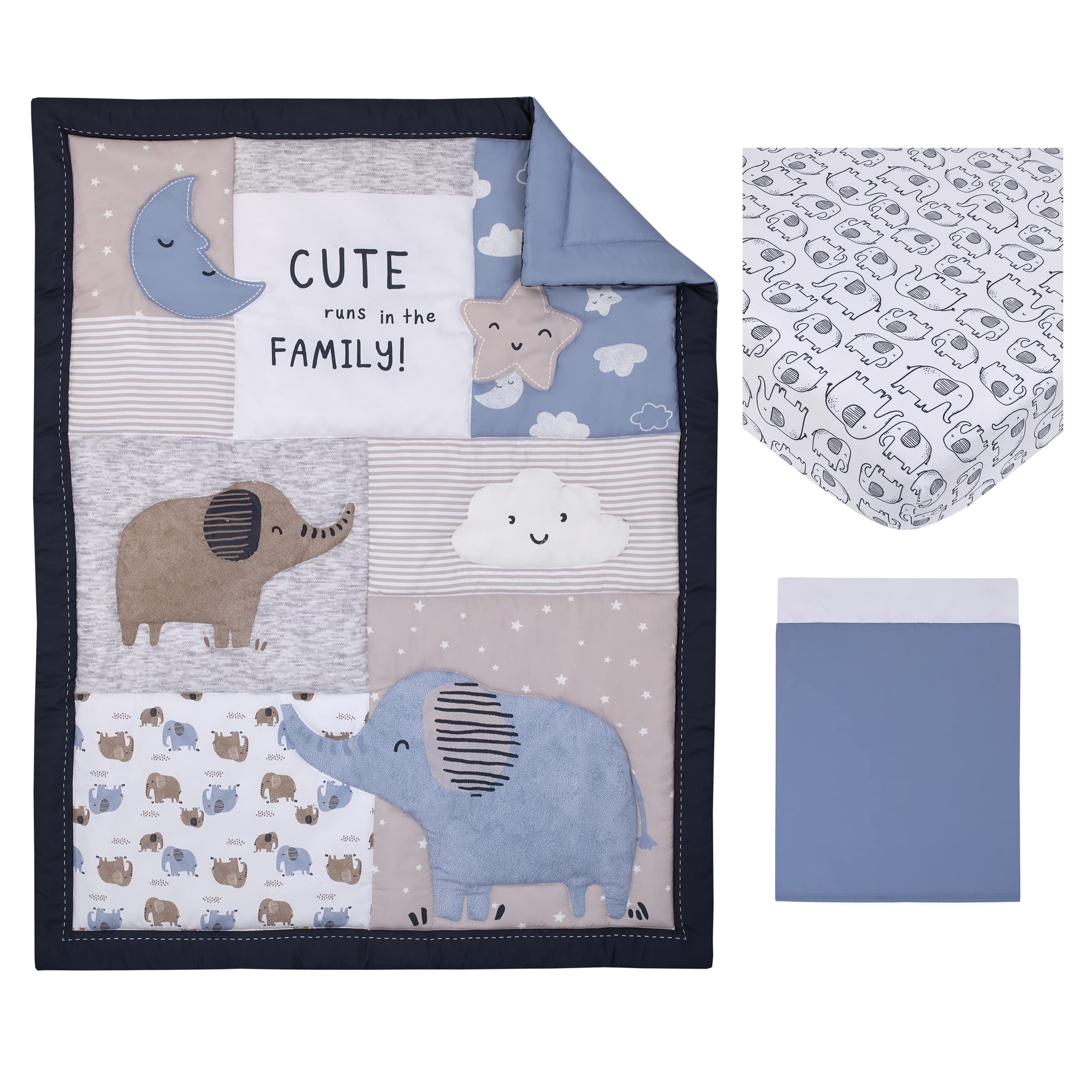 NoJo Carter's Blue Elephant - Chambray, Navy, Gray and White Elephant, Moon, Clouds and Stars 3 Piece Nursery Crib Bedding Set - Comforter, Fitted Crib Sheet and Crib Skirt - Image 5