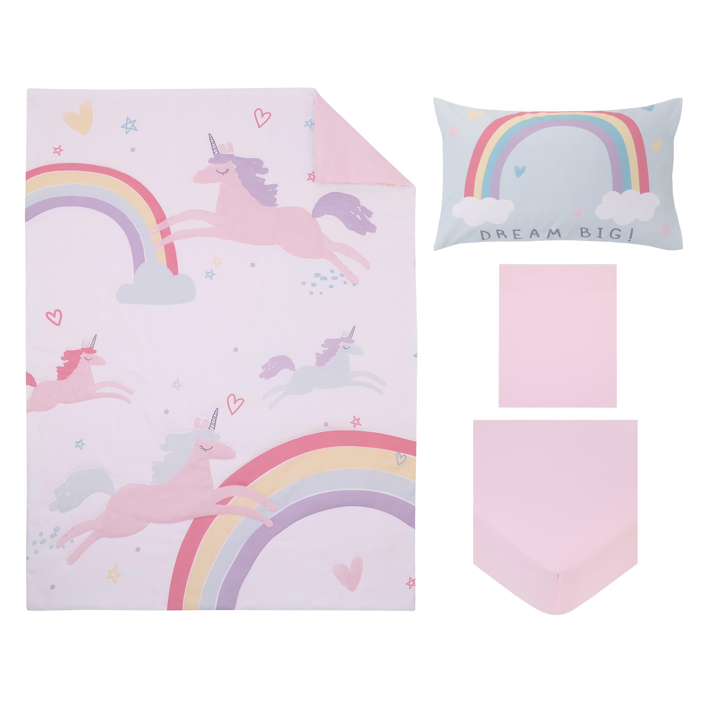 NoJo Carter's Rainbow Unicorn Pink, Purple, and Aqua Dream Big 4 Piece Toddler Bed Set - Comforter, Fitted Bottom Sheet, Flat Top Sheet, and Reversible Pillowcase - Image 8